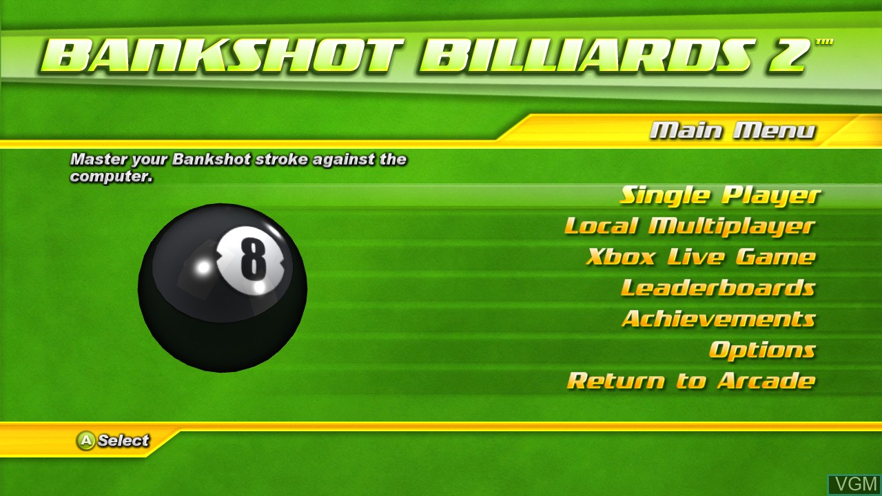 Menu screen of the game Bankshot Billiards 2 on Microsoft Xbox 360