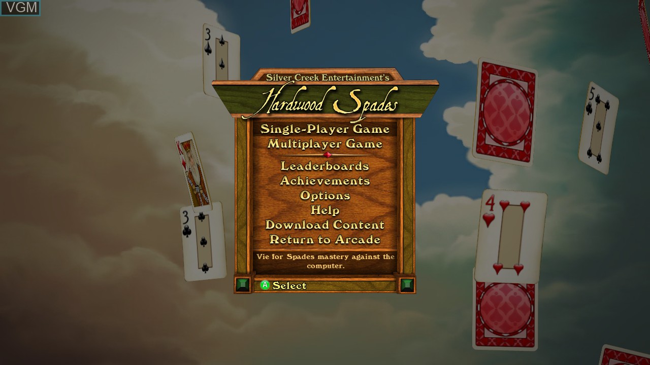 Menu screen of the game Hardwood Spades on Microsoft Xbox 360