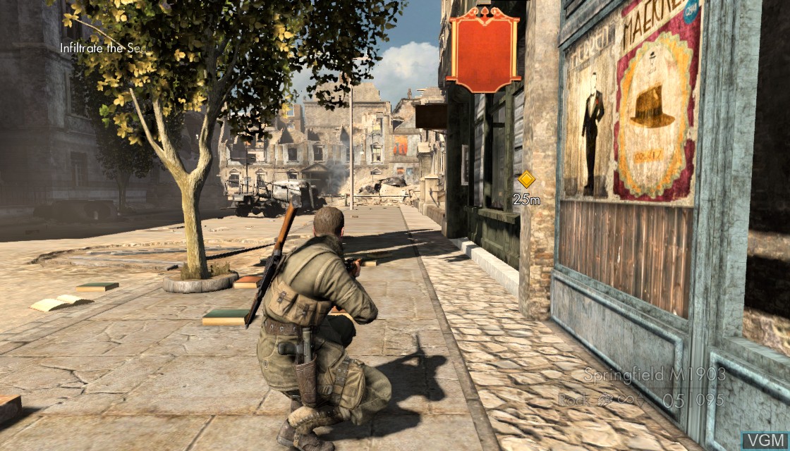 In-game screen of the game Sniper Elite V2 on Microsoft Xbox 360