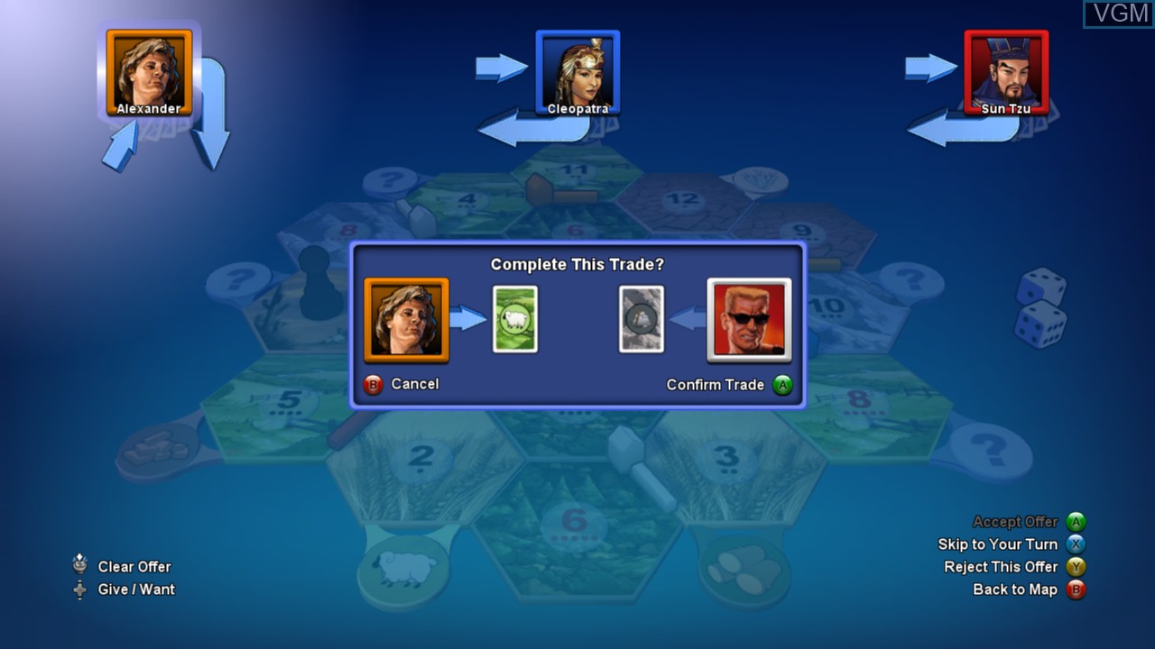 In-game screen of the game Catan on Microsoft Xbox 360