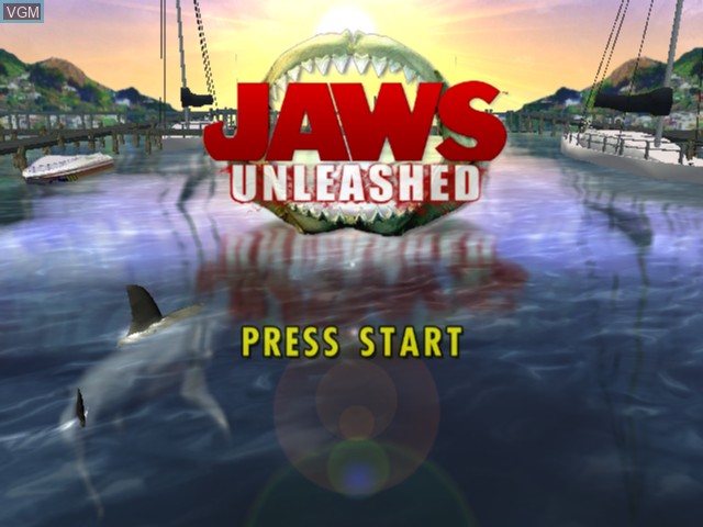 Title screen of the game Jaws Unleashed on Microsoft Xbox