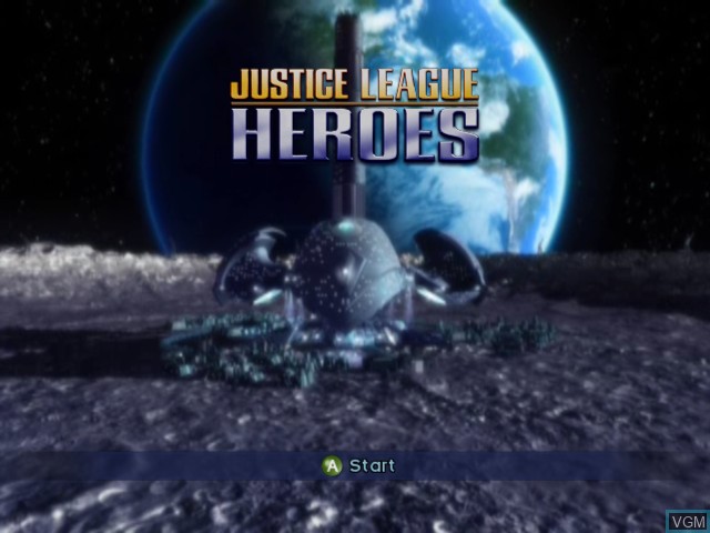 Title screen of the game Justice League Heroes on Microsoft Xbox