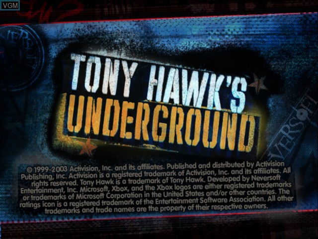 Title screen of the game Tony Hawk's Underground on Microsoft Xbox