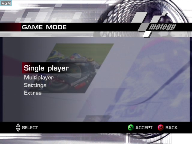 Menu screen of the game MotoGP 2 on Microsoft Xbox
