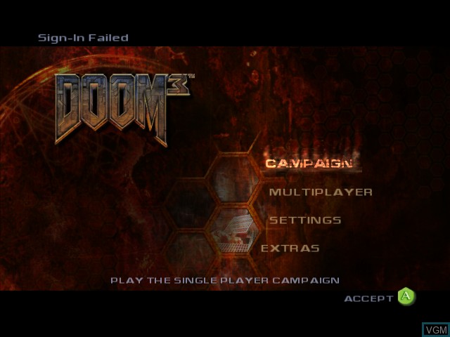 Menu screen of the game DOOM 3 on Microsoft Xbox