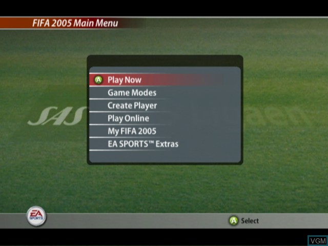 Menu screen of the game FIFA Football 2005 on Microsoft Xbox