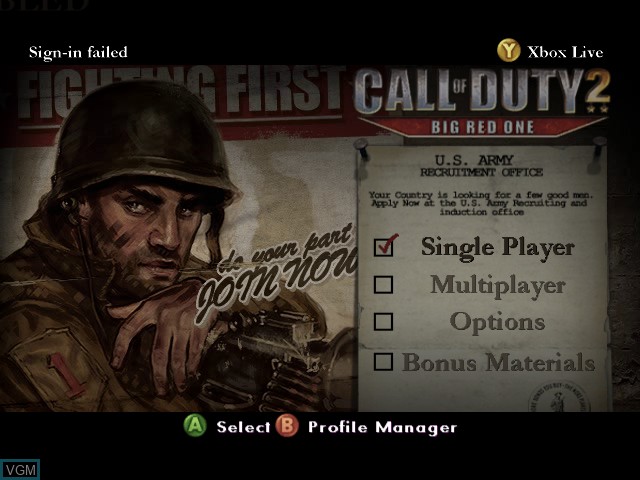 Menu screen of the game Call of Duty 2 - Big Red One on Microsoft Xbox