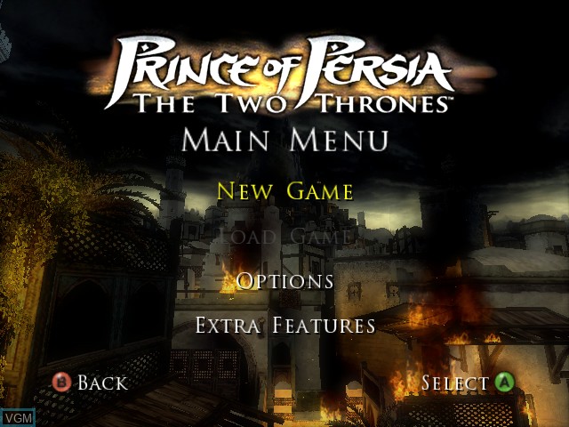 Menu screen of the game Prince of Persia - The Two Thrones on Microsoft Xbox