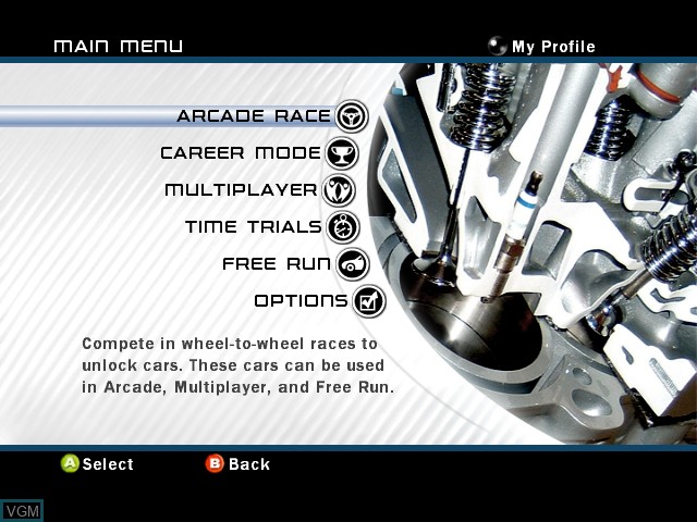 Menu screen of the game Forza Motorsport on Microsoft Xbox