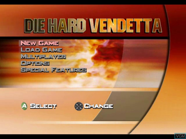 Menu screen of the game Die Hard - Vendetta on Microsoft Xbox