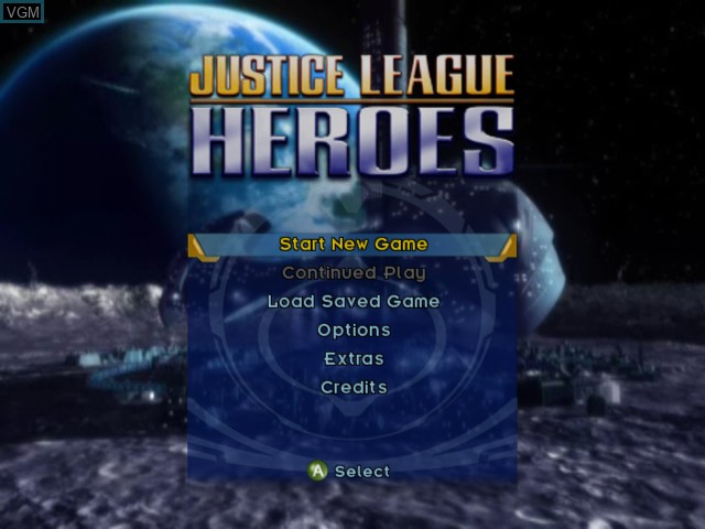 Menu screen of the game Justice League Heroes on Microsoft Xbox