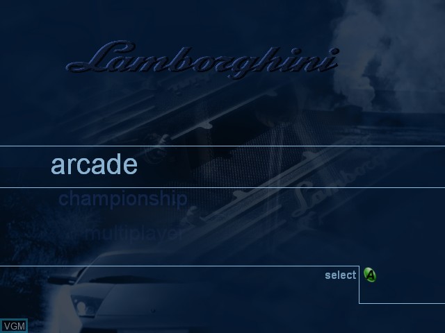 Menu screen of the game Lamborghini on Microsoft Xbox