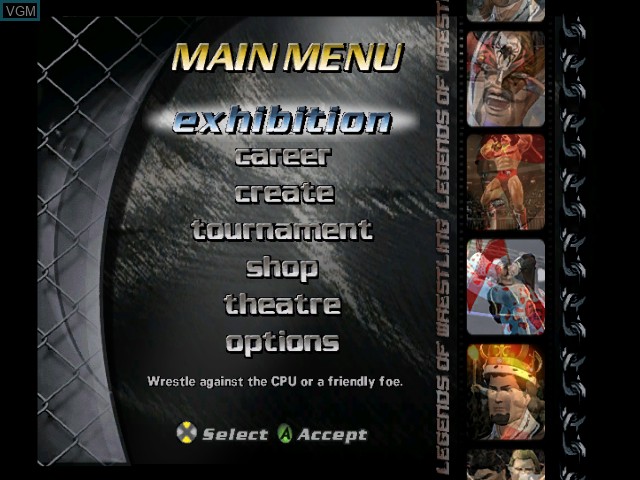 Menu screen of the game Legends of Wrestling II on Microsoft Xbox