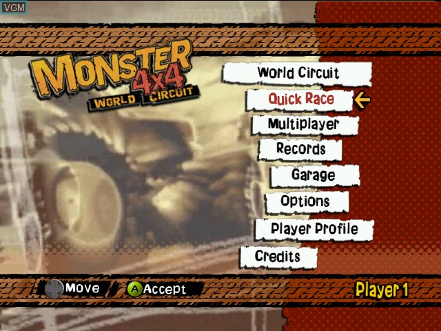 Menu screen of the game Monster 4X4 - World Circuit on Microsoft Xbox