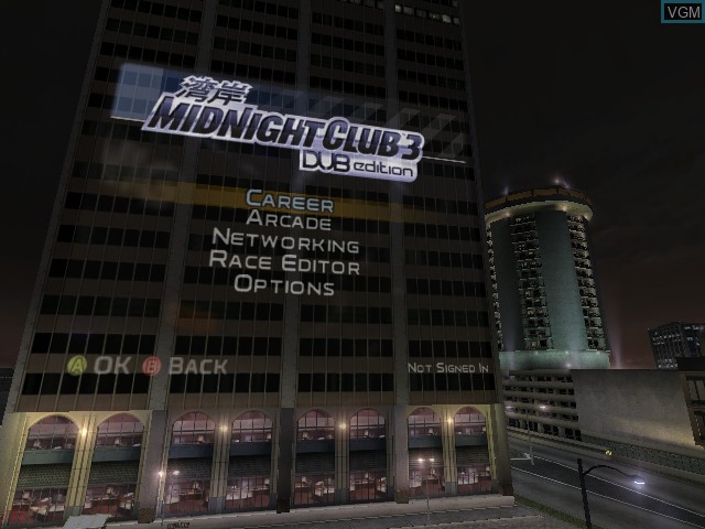 Menu screen of the game Midnight Club 3 - DUB Edition on Microsoft Xbox