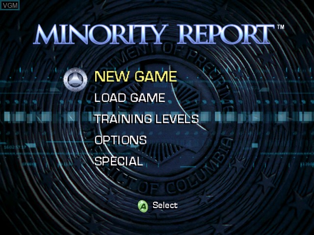 Menu screen of the game Minority Report - Everybody Runs on Microsoft Xbox