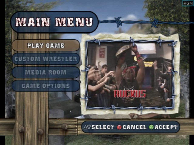 Menu screen of the game Backyard Wrestling 2 - There Goes the Neighborhood on Microsoft Xbox