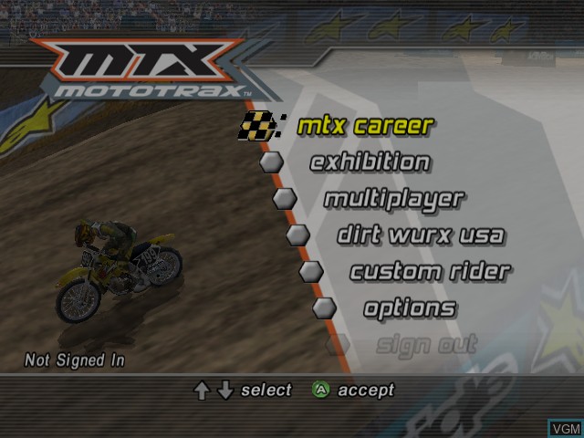 Menu screen of the game MTX Mototrax on Microsoft Xbox