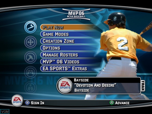 Menu screen of the game MVP 06 NCAA Baseball on Microsoft Xbox