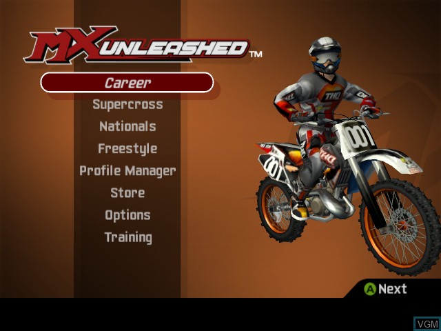 Menu screen of the game MX Unleashed on Microsoft Xbox