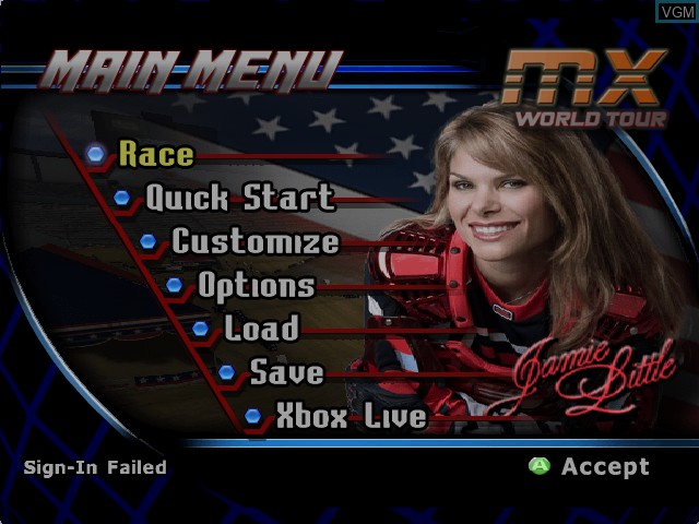 Menu screen of the game MX World Tour Featuring Jamie Little on Microsoft Xbox