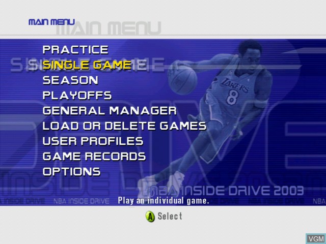 Menu screen of the game NBA Inside Drive 2003 on Microsoft Xbox