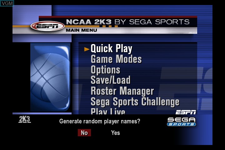 Menu screen of the game NCAA College Basketball 2K3 on Microsoft Xbox