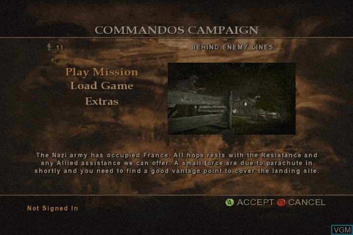 Menu screen of the game Commandos Strike Force on Microsoft Xbox