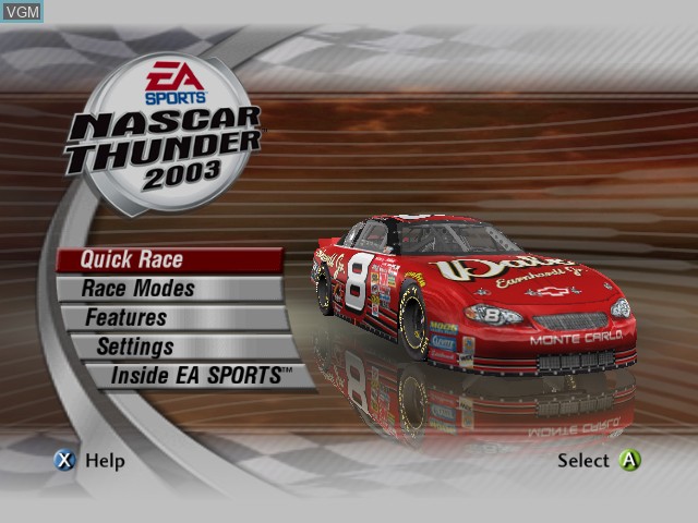 Menu screen of the game NASCAR Thunder 2003 on Microsoft Xbox