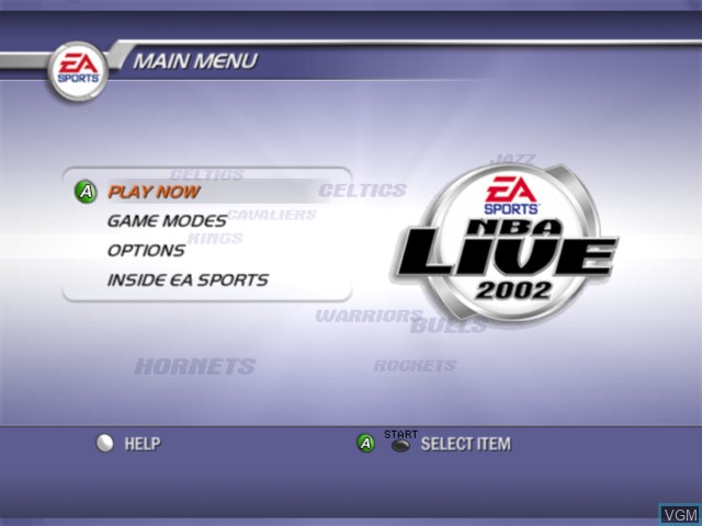 Menu screen of the game NBA Live 2002 on Microsoft Xbox