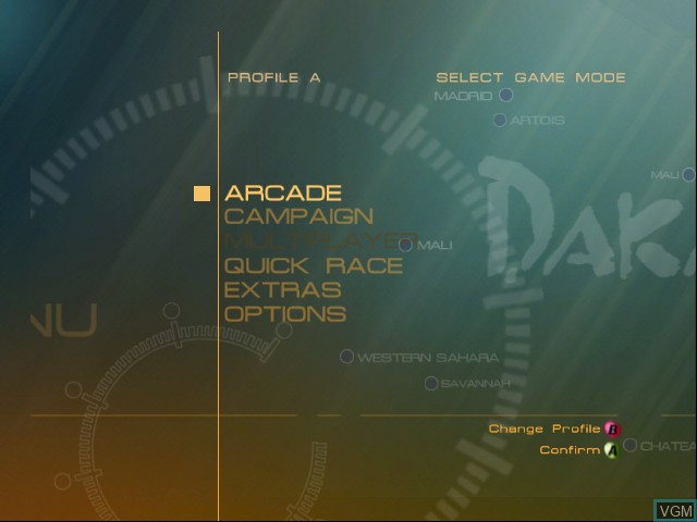 Menu screen of the game Dakar 2 on Microsoft Xbox