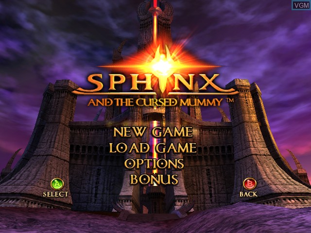 Menu screen of the game Sphinx and the Cursed Mummy on Microsoft Xbox