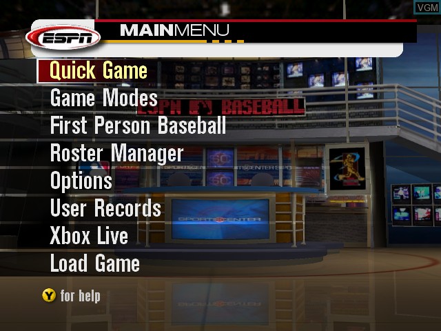 Menu screen of the game ESPN Major League Baseball on Microsoft Xbox