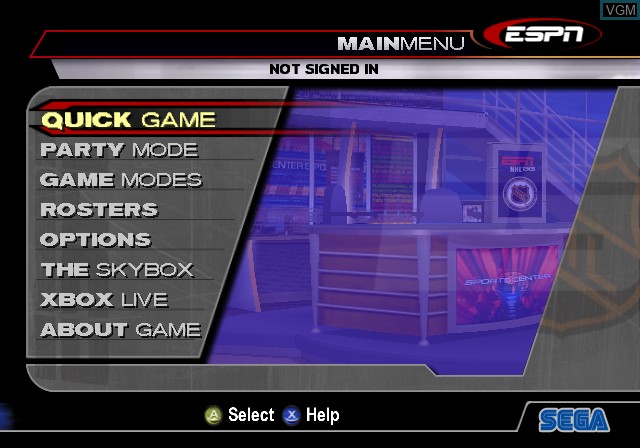 Menu screen of the game ESPN NHL 2K5 on Microsoft Xbox