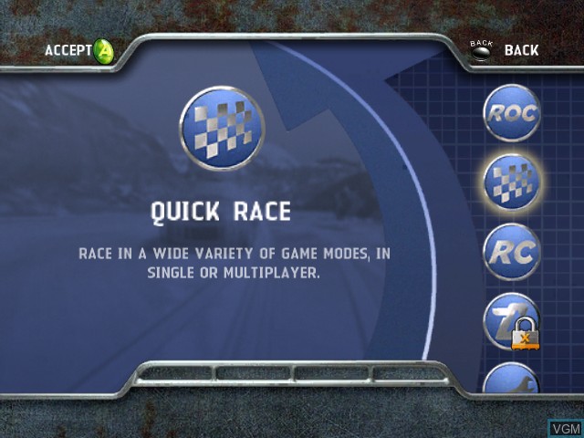 Menu screen of the game Rally Fusion - Race of Champions on Microsoft Xbox