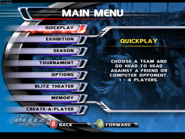 Menu screen of the game NFL Blitz 20-03 on Microsoft Xbox