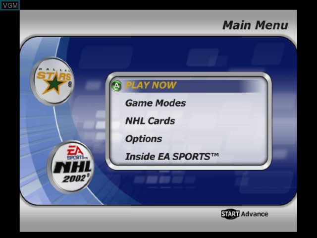Menu screen of the game NHL 2002 on Microsoft Xbox