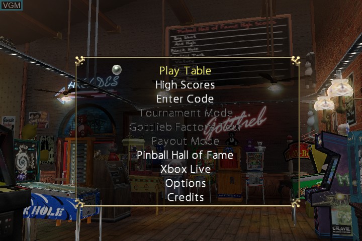 Menu screen of the game Pinball Hall of Fame - The Gottlieb Collection on Microsoft Xbox