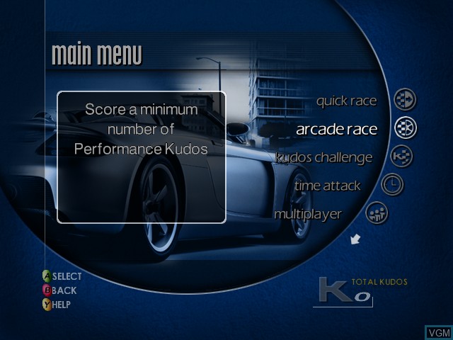 Menu screen of the game Project Gotham Racing on Microsoft Xbox