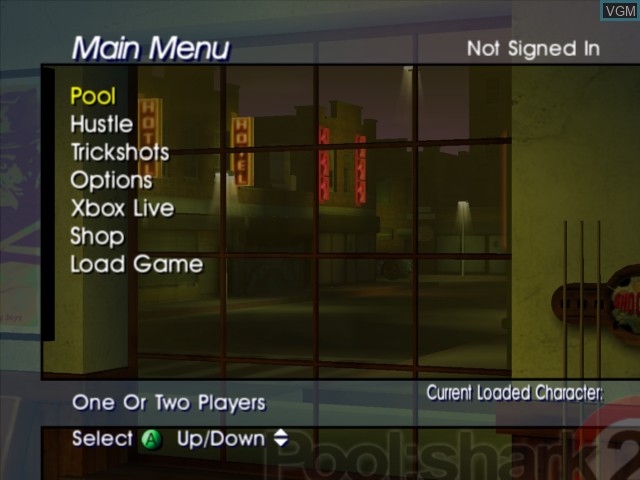 Menu screen of the game Pool Shark 2 on Microsoft Xbox