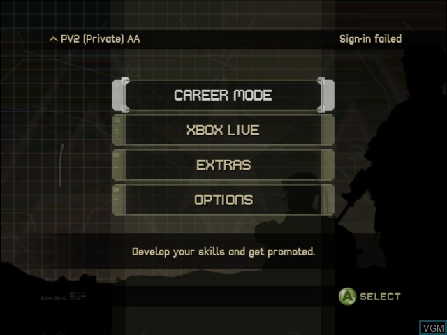 Menu screen of the game America's Army - Rise of a Soldier on Microsoft Xbox