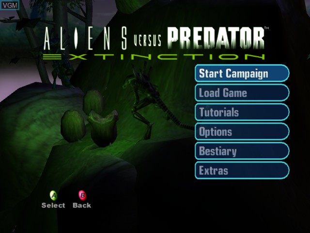 Menu screen of the game Aliens Versus Predator - Extinction on Microsoft Xbox