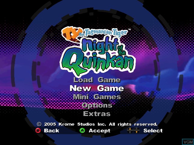 Menu screen of the game Ty the Tasmanian Tiger 3 - Night of the Quinkan on Microsoft Xbox