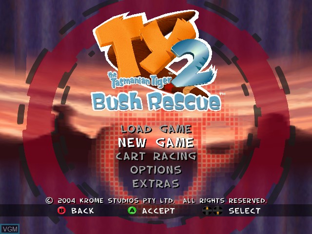 Menu screen of the game Ty the Tasmanian Tiger 2 - Bush Rescue on Microsoft Xbox