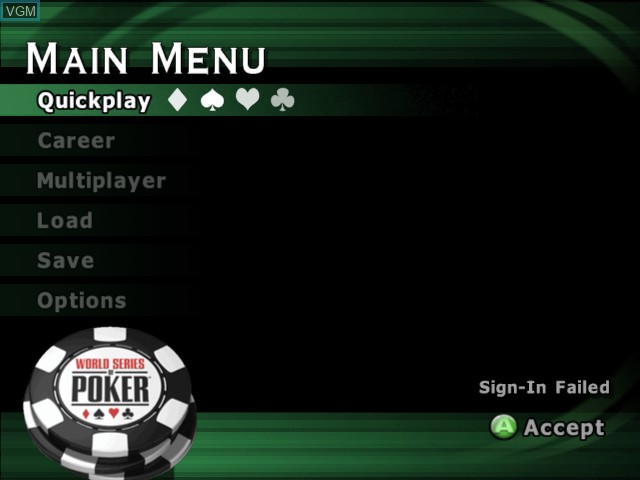 Menu screen of the game World Series of Poker on Microsoft Xbox