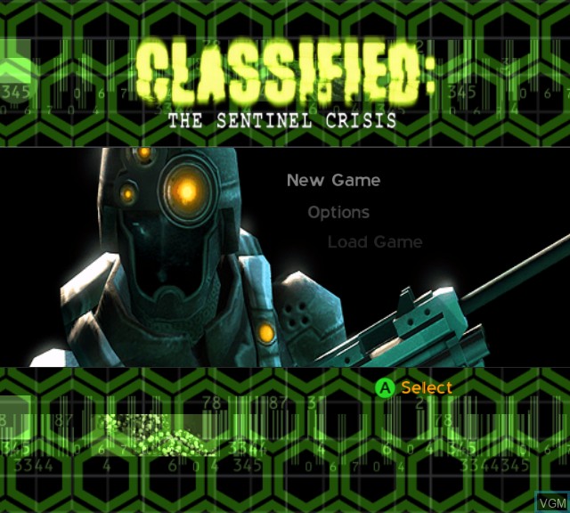 Menu screen of the game Classified - The Sentinel Crisis on Microsoft Xbox