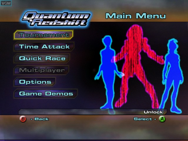 Menu screen of the game Quantum Redshift on Microsoft Xbox