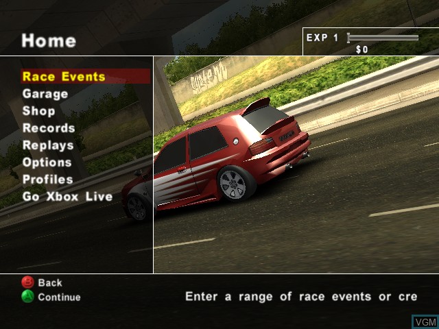 Menu screen of the game Crash 'N' Burn on Microsoft Xbox