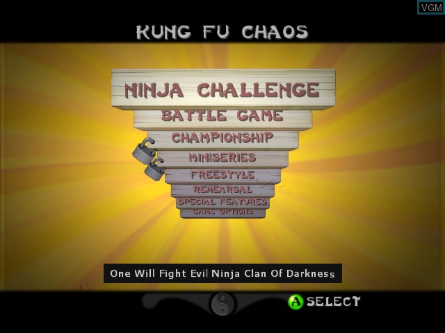 Menu screen of the game Kung Fu Chaos on Microsoft Xbox
