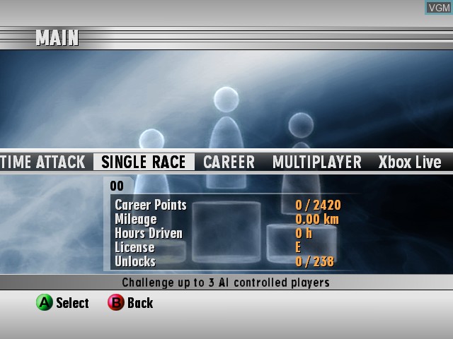 Menu screen of the game RalliSport Challenge 2 on Microsoft Xbox
